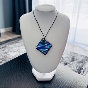 Blue Art Glass Square Pendant Necklace Adjustable Cord